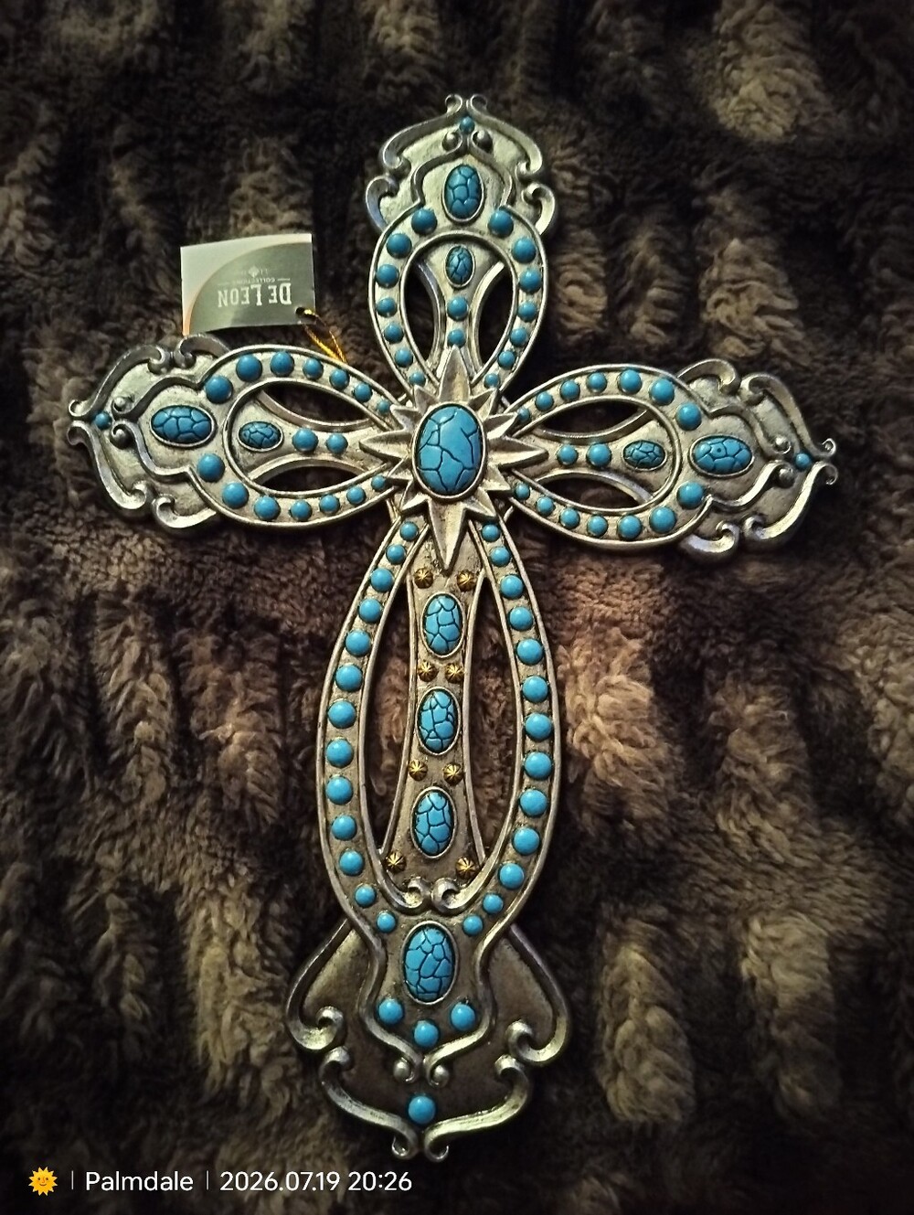 Decorative Turquoise Stone Cross Wall Accent - Blue